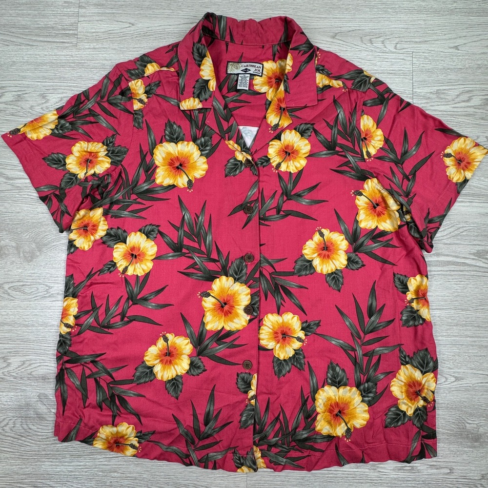 Caribbean Joe Women's Shirt Tropical Hibiscus Floral Red 1X Short Sleeve Rayon